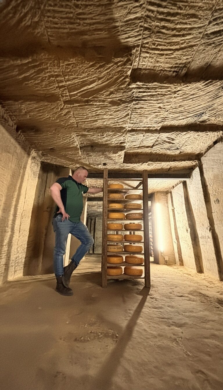 Kaasmaker Mitchel Sauer bij een houten rek met kaaswielen in de mergeltunnel